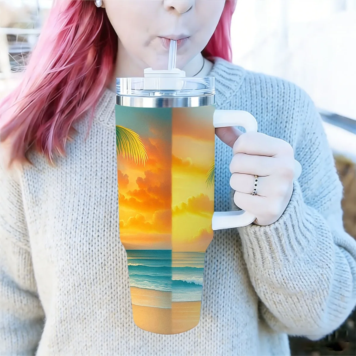 1pc 40Oz Stainless Steel Tumbler with Straw - Tropical Beach Sunset Palm Trees & Flowers Design Double-Walled Vacuum Insulated Mug Leakproof & Portable Handle Easy Clean Large Iced Coffee Water Women'S Modern Sleek Fashion Stainless Steel Water