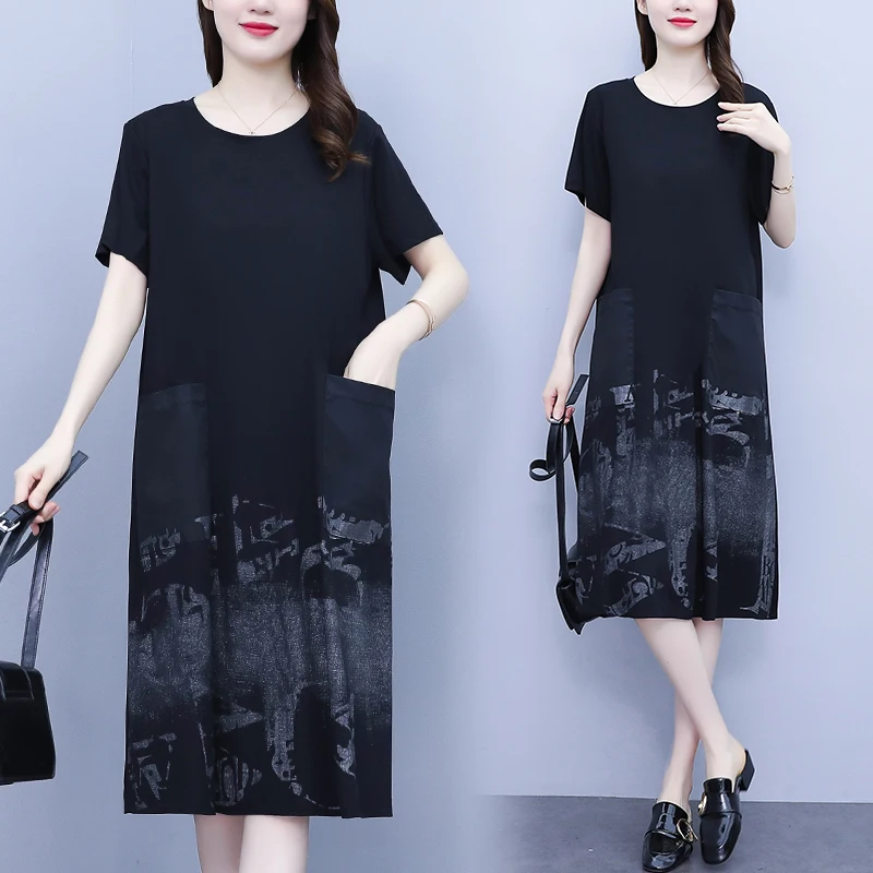 Mulheres verão manga curta vestido novo estilo elegante idade reduzindo plus size roupas femininas solto barriga bolso saia casual m423