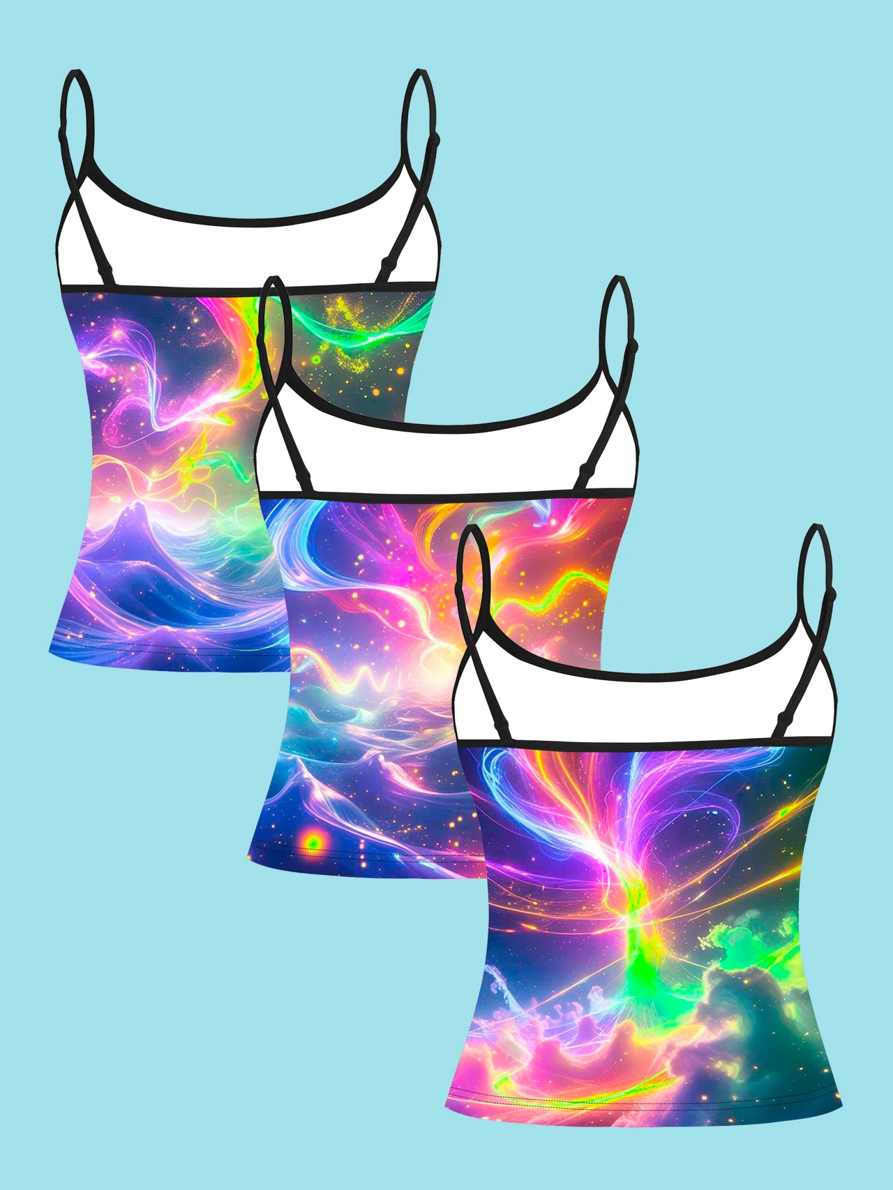 3-Pack of Neon Aurora Starry Sky Print Camisoles for Women, Rainbow Light and Nebula Particle Pattern Slim-Fit Spaghetti Strap Inner Tops