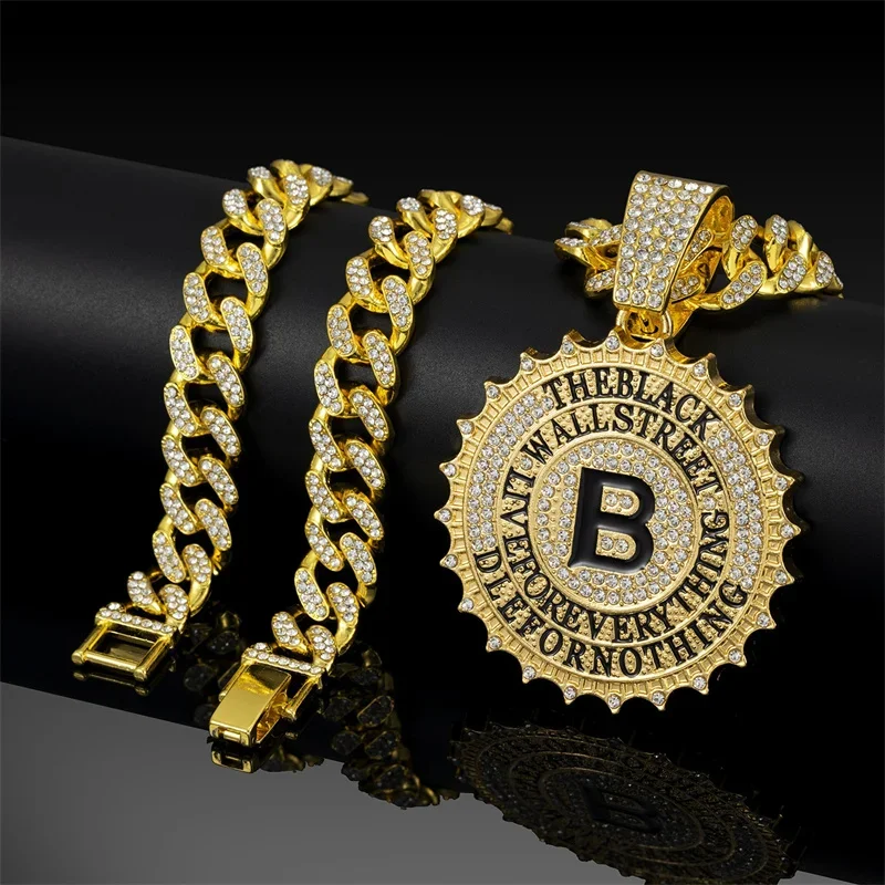 Hip Hop Round B Letter Pendant With Cuban Chain Necklace Men Gold Sliver Color Ice Out Crystal Sign Rock Bling Jewerly