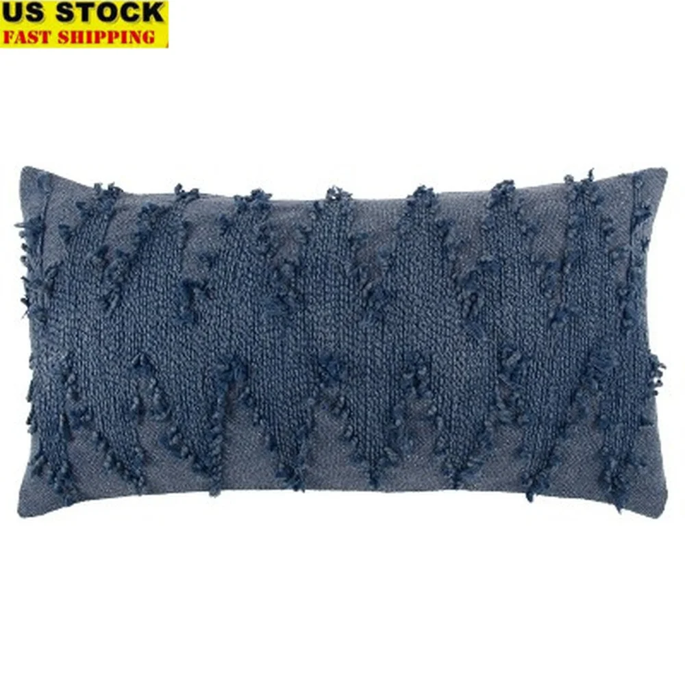 

Oversized Chevron Lumbar Throw Pillow Cover Indigo Cotton Canvas Hidden Zipper Pet Friendly Textured Cushion 26x14 Inches