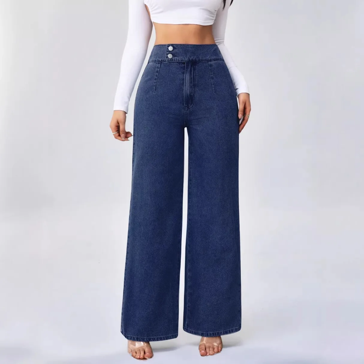 

Trendy Y2k Women's High Waisted Double Button Solid Blue Straight Loose Jeans European American Style Match Casual Streetwear