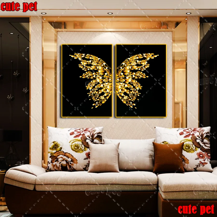 New square round Drill Modern Golden Butterfly Diy Diamond Painting Cross Stitch Kits 5D Diamond Mosaic Embroidery Decor 2PCS