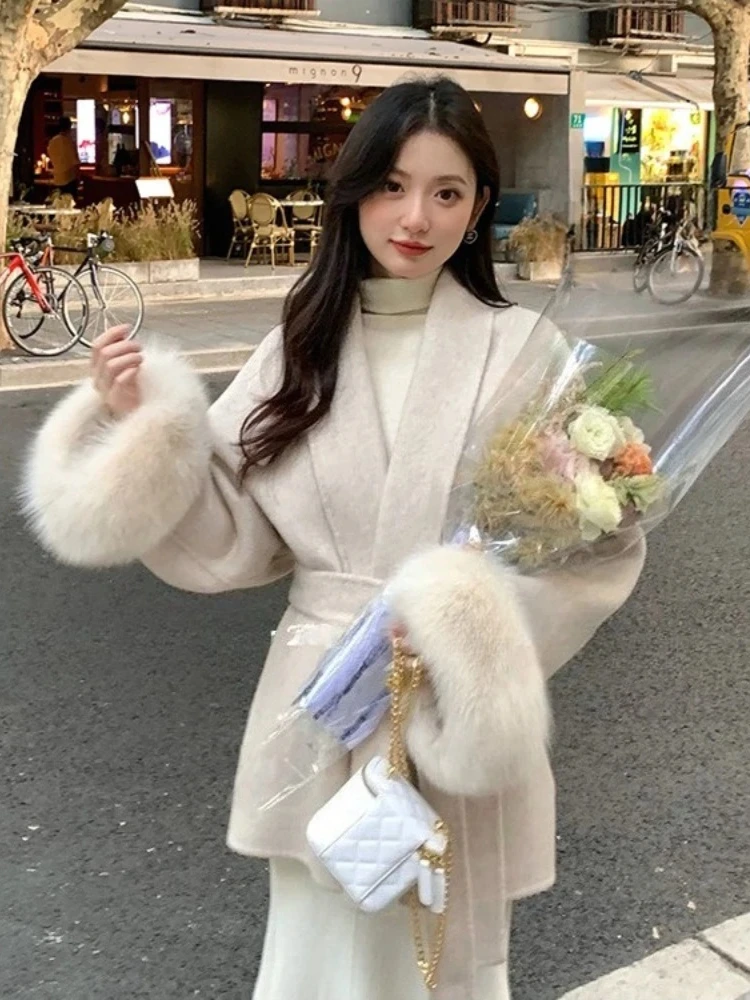 Femme réel fourrure de renard laine mélanges veste nouveau automne hiver vêtements femmes mode épais chaud cachemire solide fourrure laine manteau