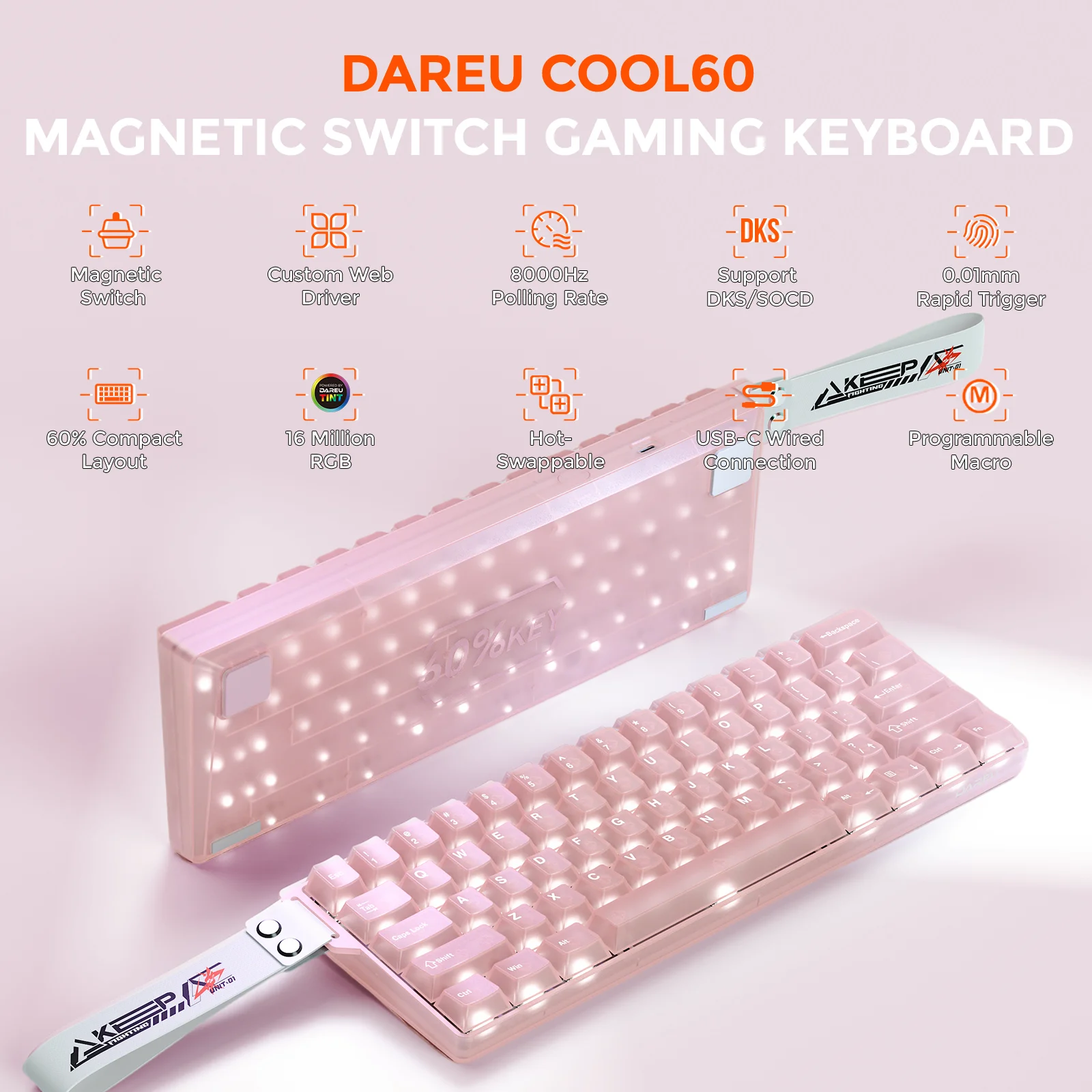 DAREU 8000 Hz Gaming Keyboard 61 Keys,0.125ms Latency,0.01mm Precision Linear Magnetic Switches,Hotswappable,RGB Light Effect