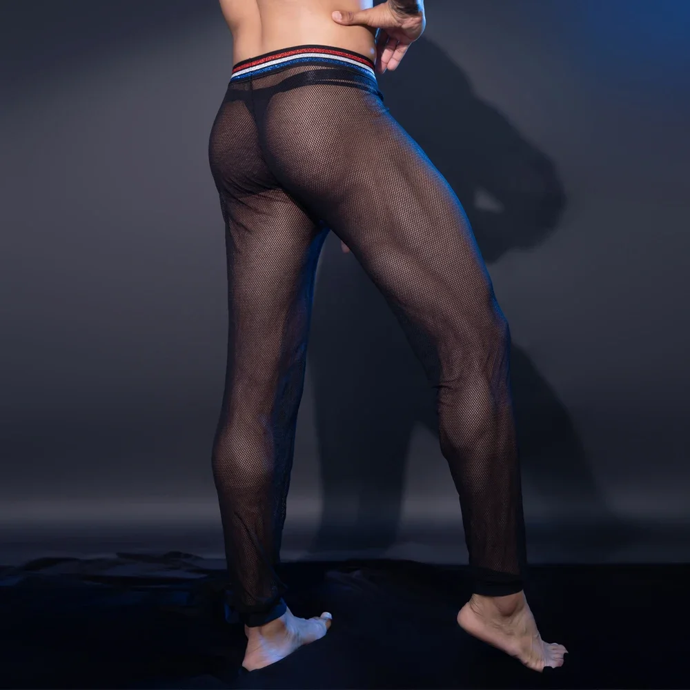 

Сексуальные мужские черные сетчатые прозрачные узкие брюки-карандаш модные клубные прозрачные пижамные брюки одежда для сна домашняя одежда