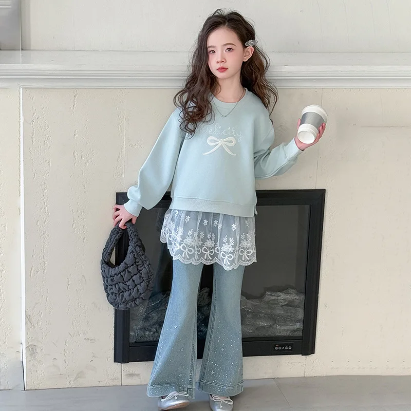 جينز بناتي: جينز بناتي مرصع بحجر الراين، جينز متوهج بنمط ربيعي جديد، مناسب للأطفال من سن 7 إلى 14 عامًا