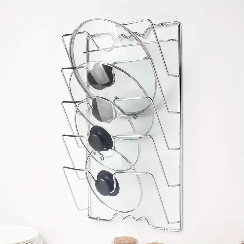 Space-Saving Metal Kitchen Rack - Multifunctional Wall-Mount Pot Lid & Cutting Board Holder, Step Shelf Design