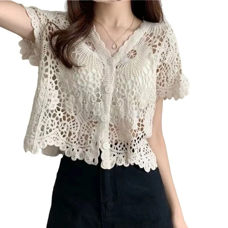 

Women French Style Short Sleeve Lace Shrug Hollow Out Crochet Knit Cardigan V-Neck Button Down Sheer Crop for Jac