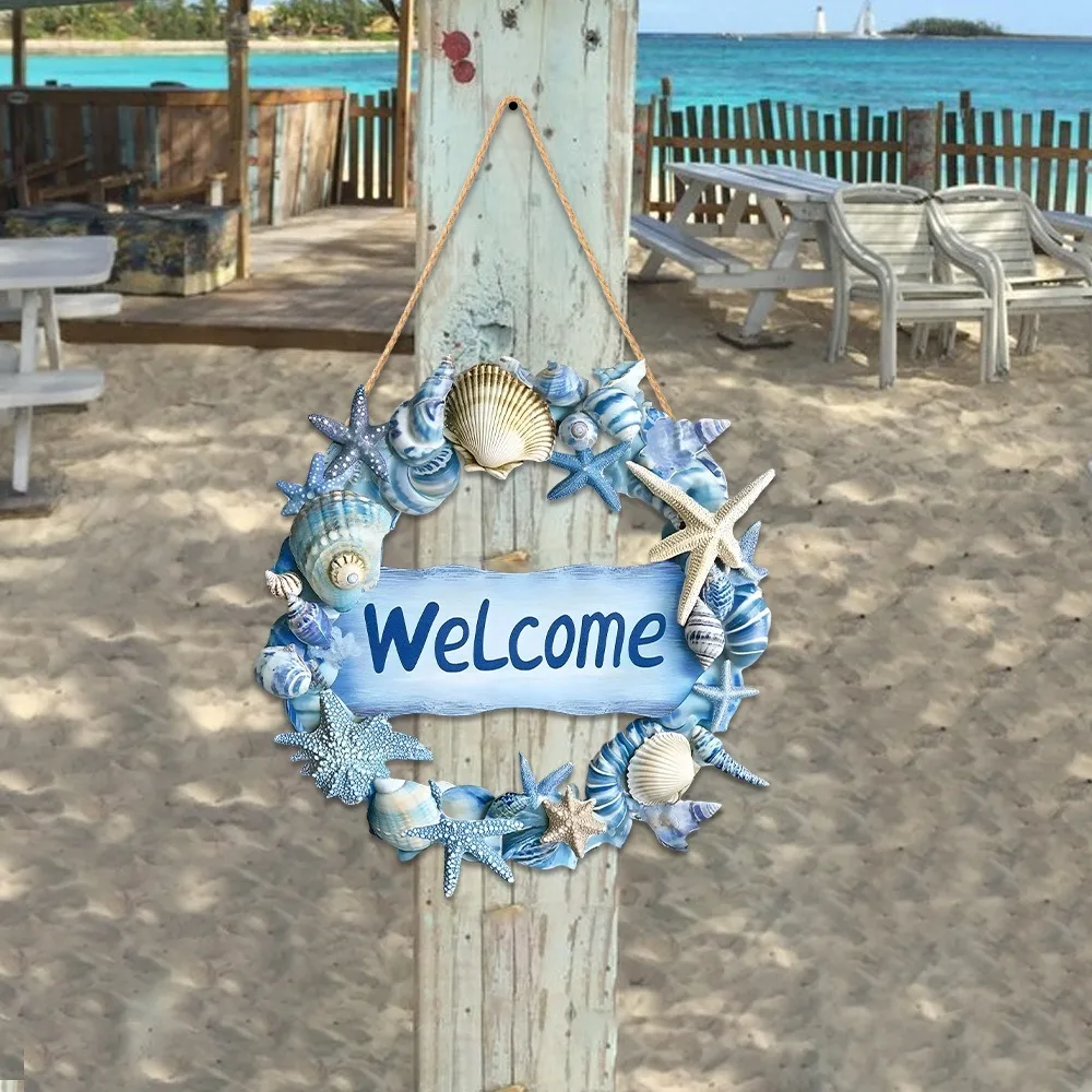 

Ocean Theme Summer Welcome Wall Ornaments Funny Wall Art Wooden English Letter Signs 2D Blue Beach Shells Hanging Signs Tropical