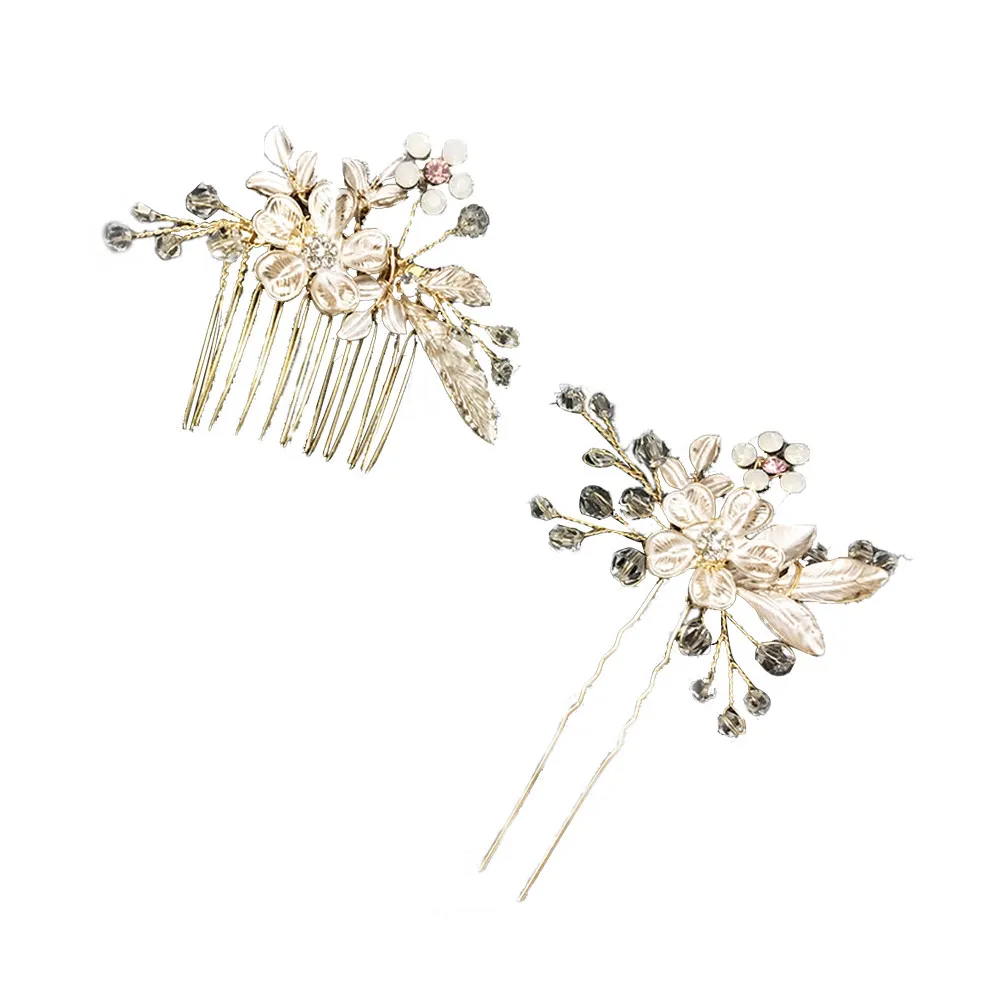 2Pcs Retro Flower Hair Comb Hairpin Set Bridal Hair Comb Wedding Headpiece Handmade Pearl Beaded Tiara Alternative for Prom