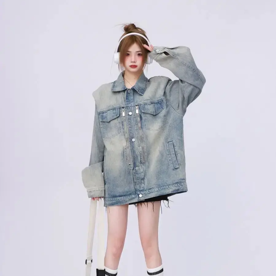 Denim Jacket With Shoulder Pads American Retro High-End Right-Shoulder Trendy Brand Women Spring And Autumn Design Niche Jacket