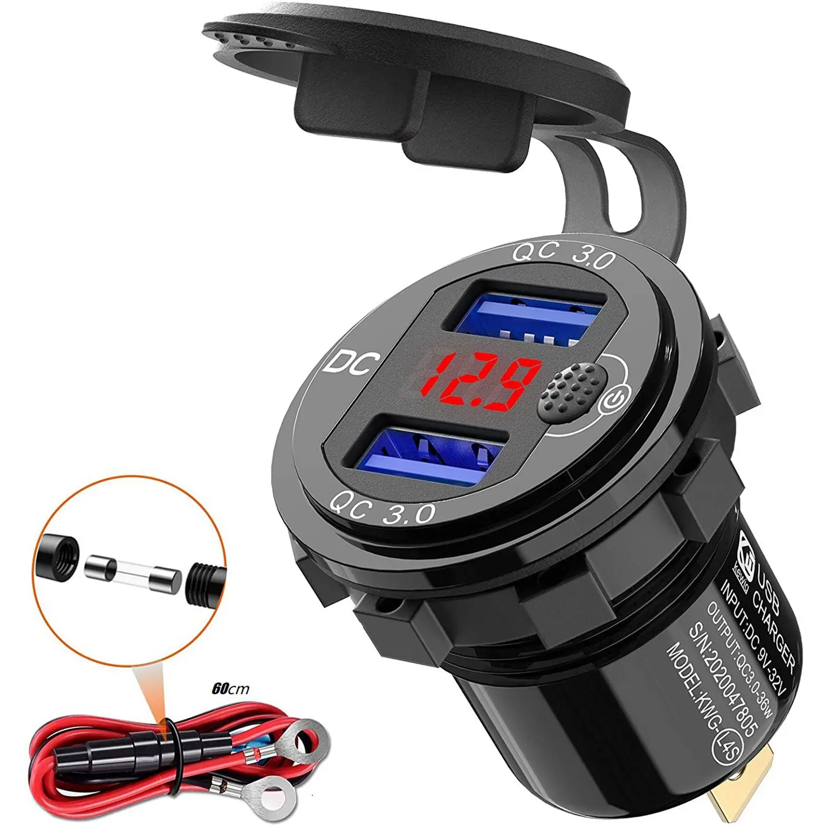 شاحن سيارة CJSD-4X Quick Charge 3.0 مزدوج 12 فولت USB، مقبس ألومنيوم مع زر التبديل والفولتميتر الرقمي الأحمر، مقاوم للماء