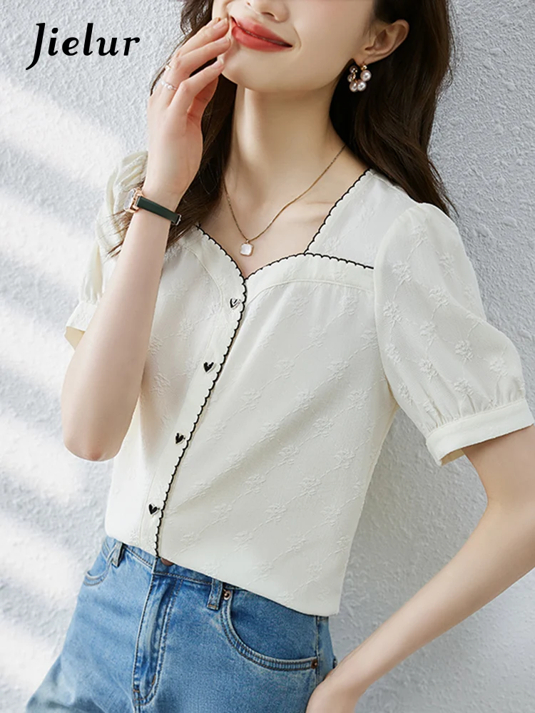 Jielur Summer New Korean Contrast Color Women Shirt Sweet Ladies Elegant Slim Shirt Woman Apricot Casual Puff Sleeve Top Female