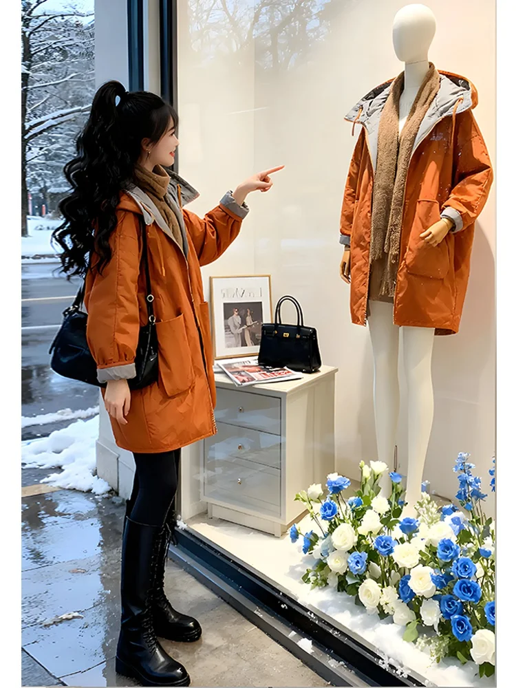 

Women's Mid-Length Cotton Jacket Winter Warm Filled Coat Korean Style Loose Fit with Pocket Thickened Long Sleeve Zipper Closure