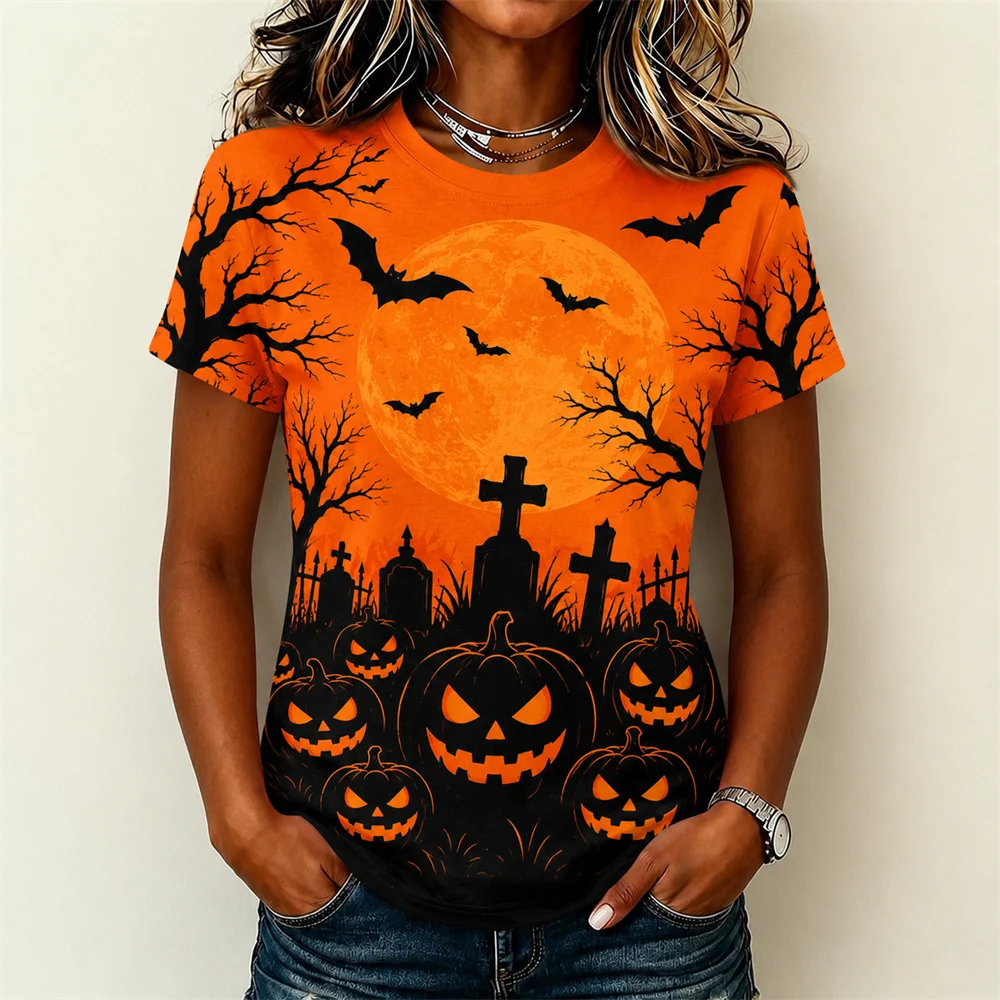 Pumpkin Color Halloween T-shirt For Men And Women Black Horror Castle Cat 3D Print Short Sleeve Tee Top Holiday Party Streetwear