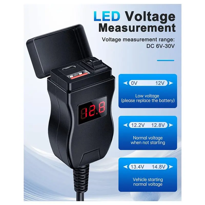 DT42-3X Motorcycle USB Charger, Dual USB Type C PD & Quick Charge 3.0 Motorcycle Phone Charger With Voltmeter & On/Off Switch