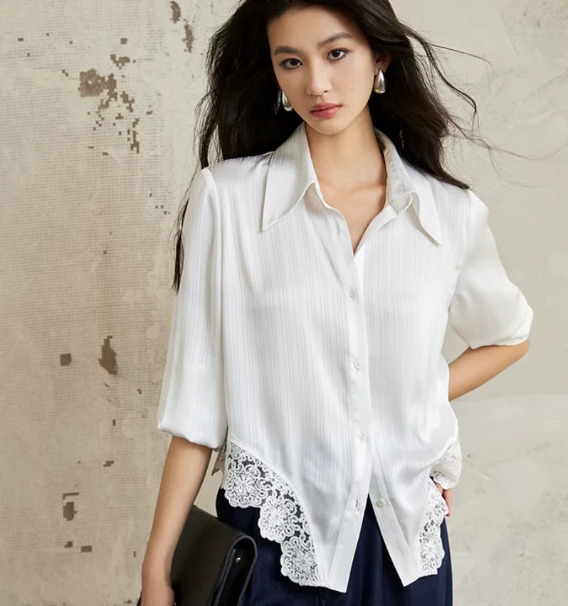 French Retro Pointed Collar Long Sleeve Shirt Vertical Texture Chiffon Lace Splicing Elegant Women Tops