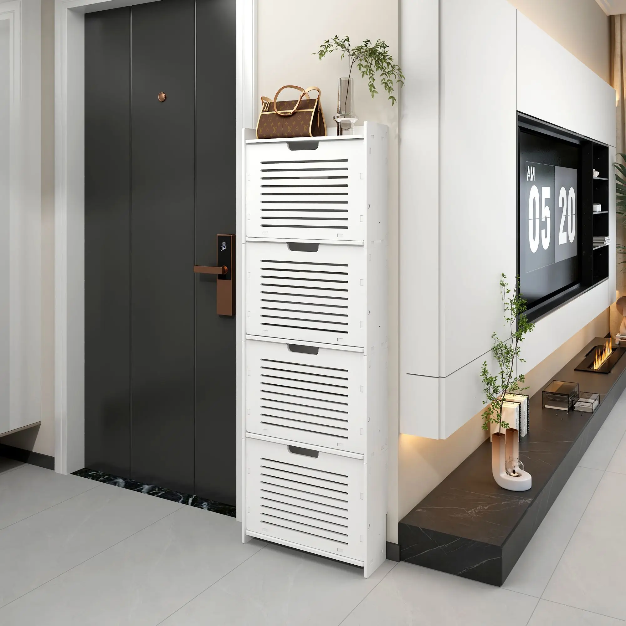 4-Tier White Narrow Shoe Cabinet Vertical Slim Plastic Shoe Storage Organizer With Louvered Flip Doors For Entryway Hallway