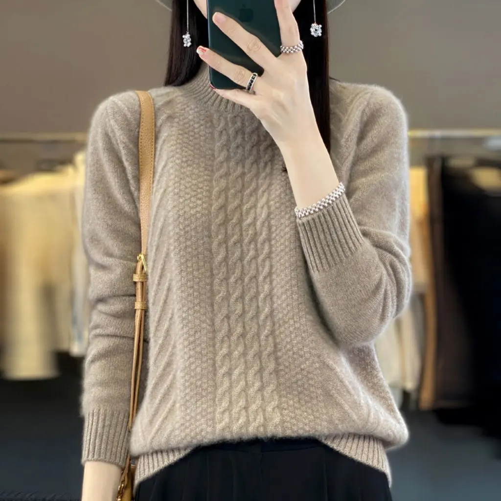

Women's Autumn Winter Thickened Knitted Pullover Sweater Half-High Neck Solid Color Warm Base Shirt for Fashionable Women