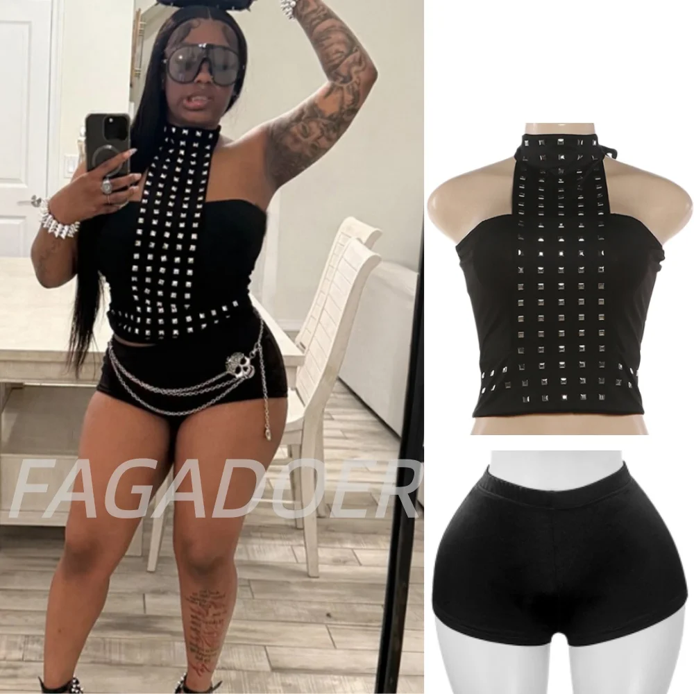 

FAGADOER Punk Rivet Halter Two Piece Sets for Women Sexy Off Shoulder Crop Top and Bodycon Shorts Outfits Street Party Suits