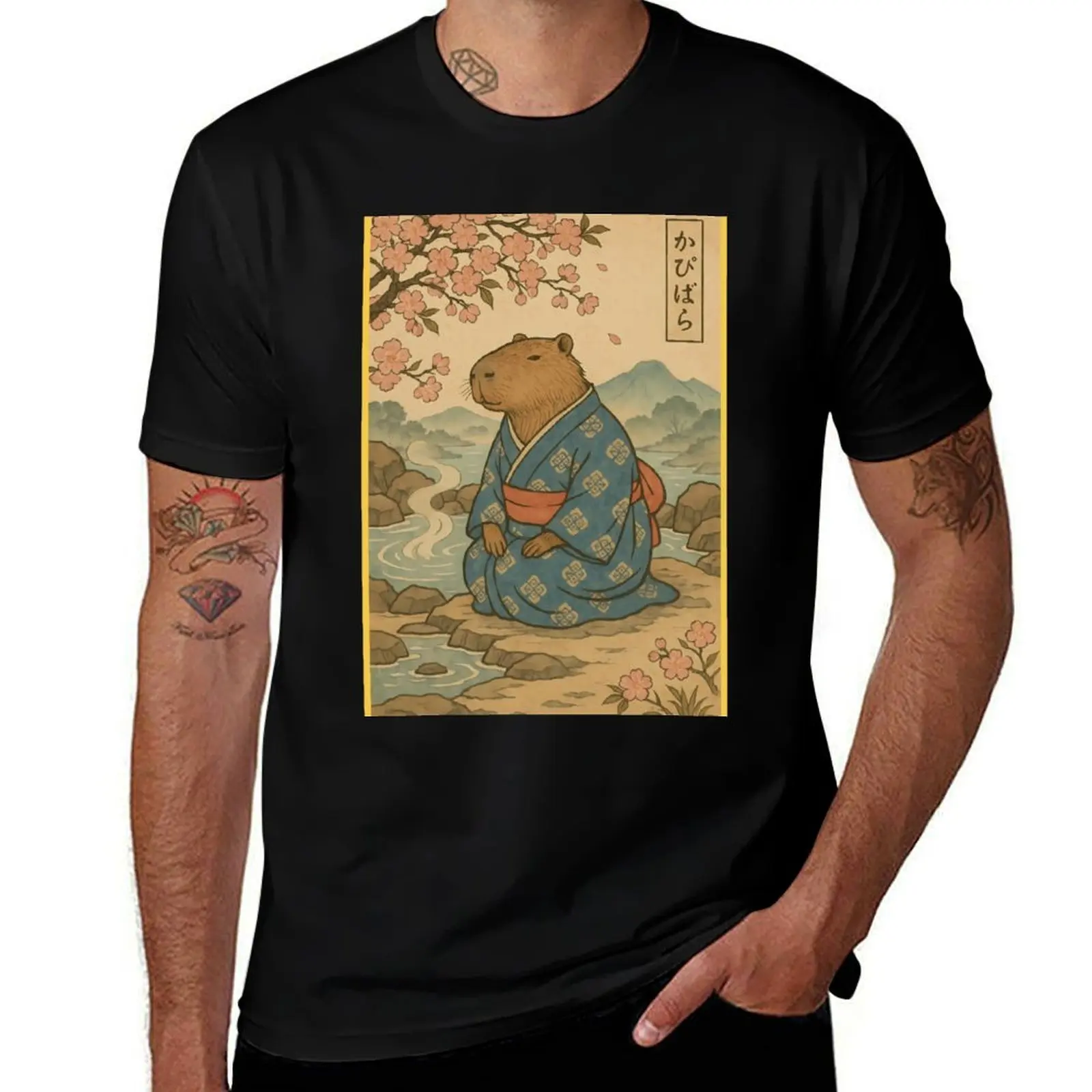 Capybara en kimono – T-shirt décontracté imprimé avec motif artistique Ukiyo-e de sources thermales paisibles