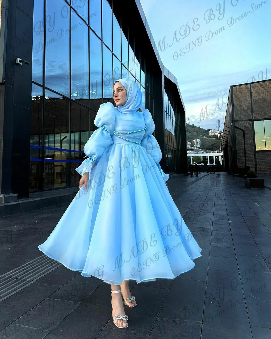 OEING Simple Sky Blue Organza Prom Evening Dresses Muslim Arabic Dubai Women Long Sleeves High Neck Formal Prom Party Gowns