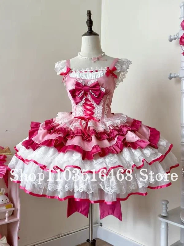 Abito da ballo Lolita rosa fragola personalizzato Fiocco in pizzo con gonna gonfia Abito cosplay per occasioni speciali Abito da ballo scolastico Abito da sera