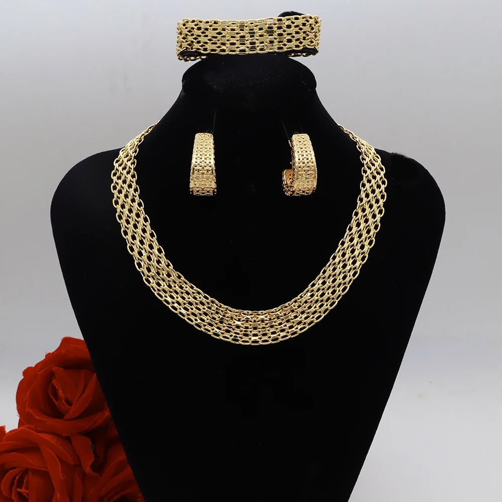 Luxury Handmade Women Elegant Jewelry Set Tricolor Gold-Plated Chain Necklace Bracelet Stud Earring Full Set Party Wedding Gift