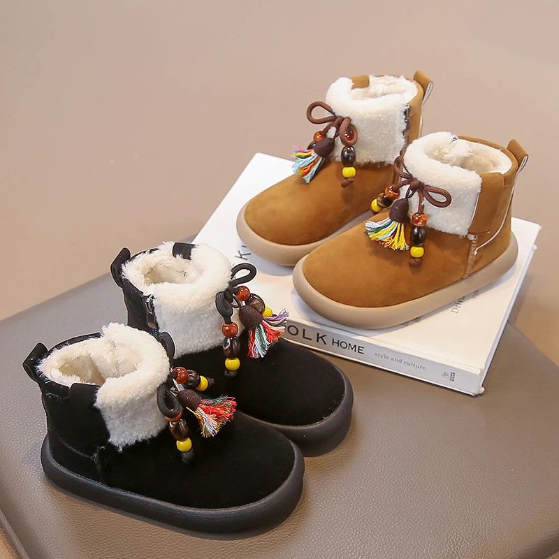 

Ботильоны для девочек, детские короткие сапоги с кисточками, замшевые, теплые, с мягкой подошвой, новинка зимы 2025, детские ботинки принцессы с круглым носком, милые