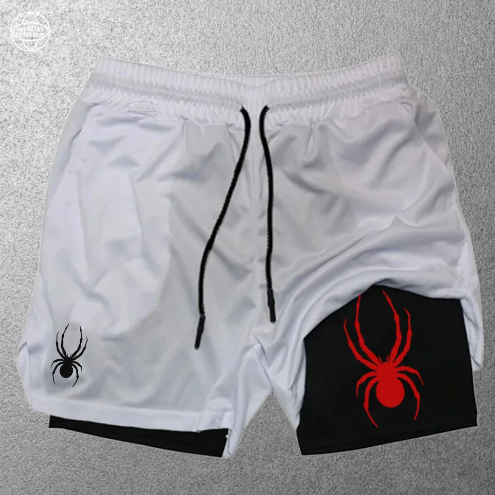 Spider Print Running Shorts Men Gym Sports Shorts 2 In 1 Quick Dry Workout Training Gym Fitness Jogging Short Pants Summer