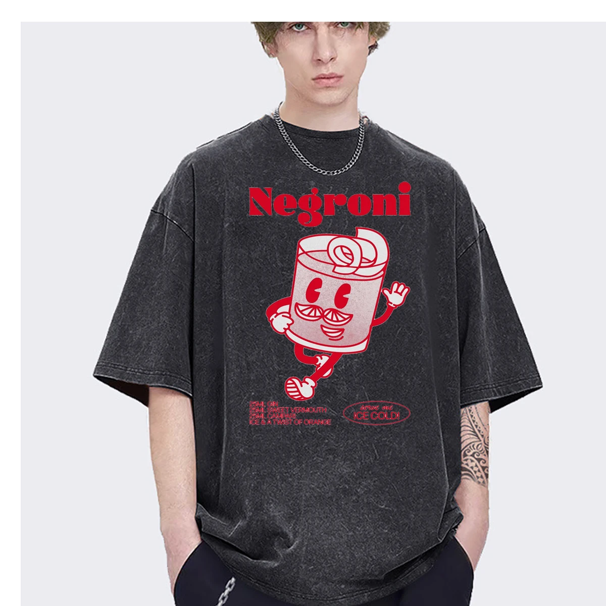 Negroni retro style cocktail drinking cute Cartoon Oversized t shirt men Women Fashion Casual Vintage Washed Streetwear Cotton