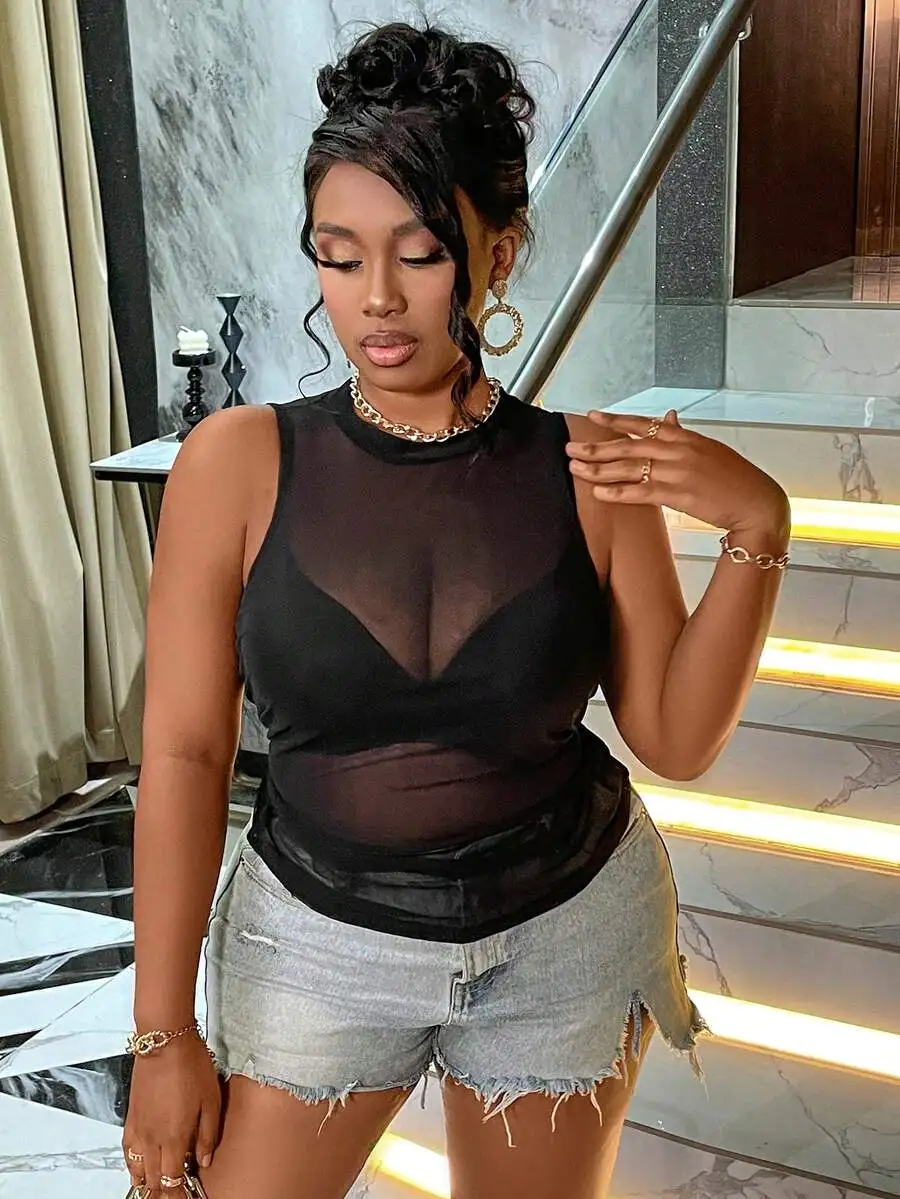

Plus Size Ruched Sheer Mesh Tank Top For Women