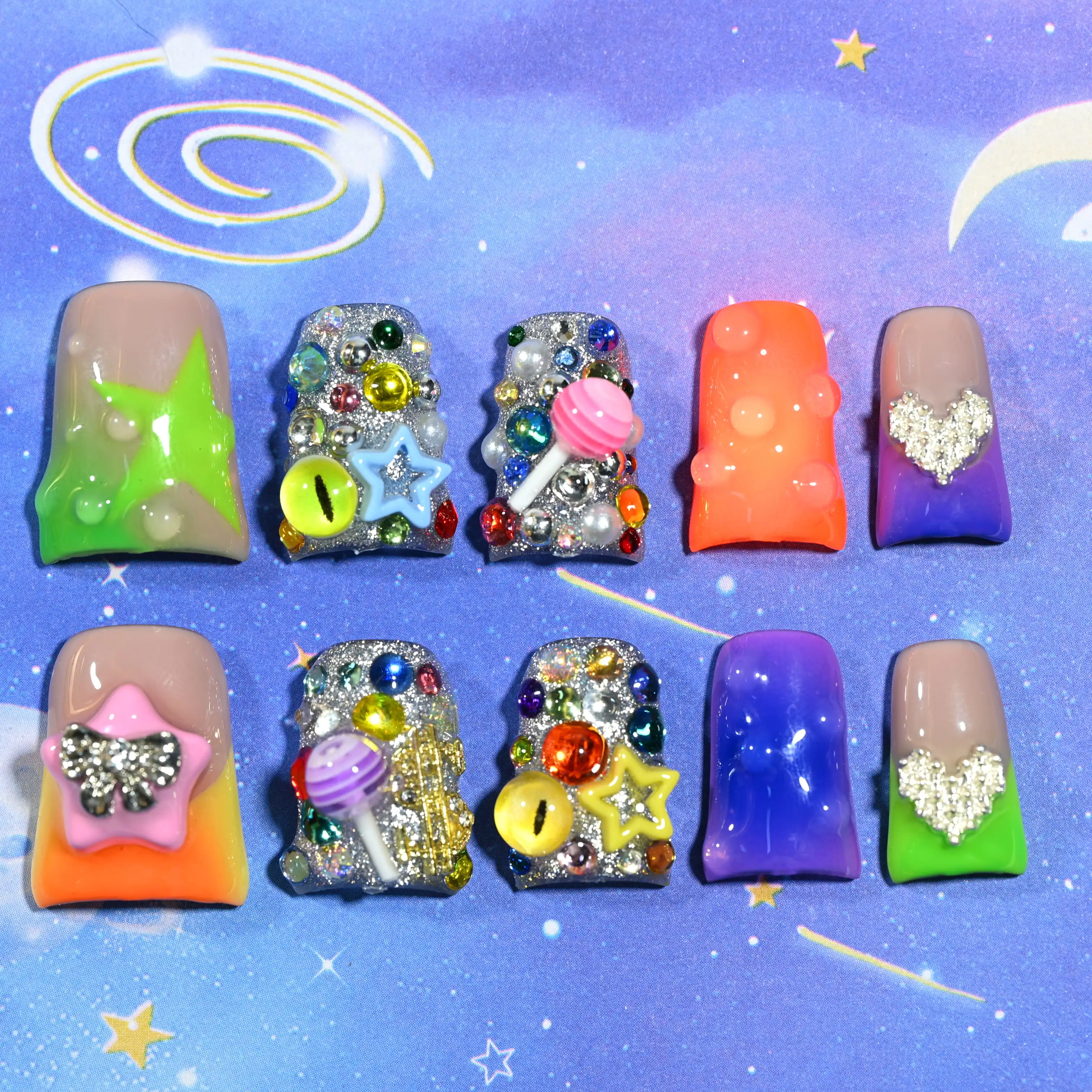 

Rainbow Pop Duck Tip Press-On Nails 10 PCS, Handmade Y2K Jelly Candy Nails with Charms, Stars & Lollipop, Kawaii Girl Aesthetic