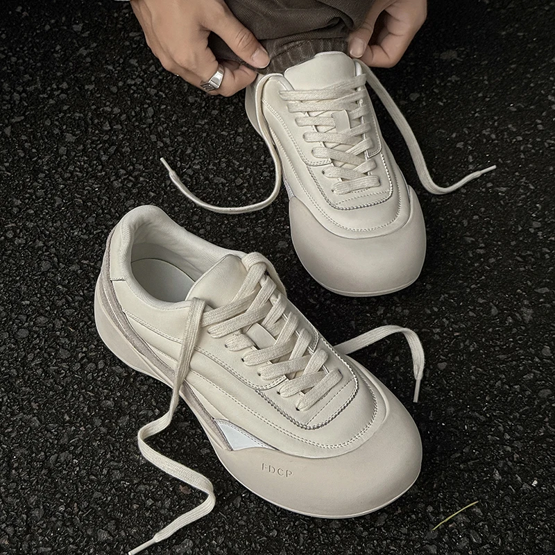 

Men White Platform Sneakers FDCP Lace-Up Round Toe Casual Thick Sole Leather Sports Shoes Streetwear Size 38 - 46