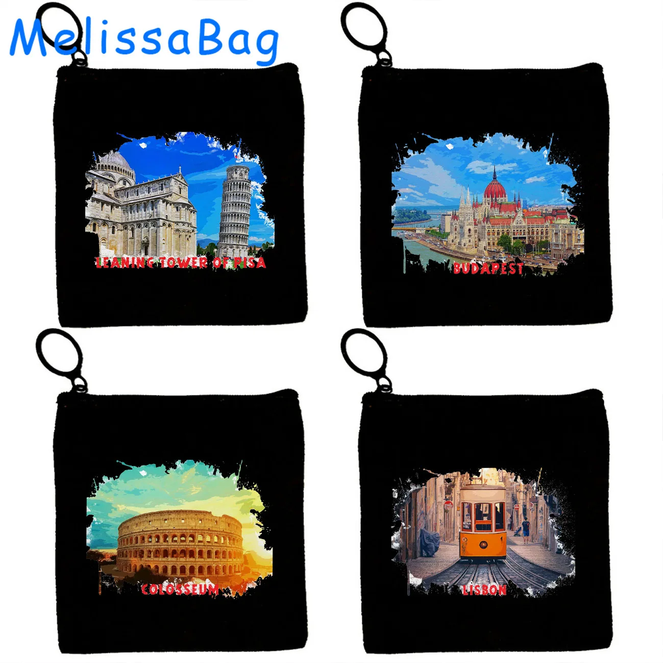 Monedero de lona con tinta de acuarela, bolsa para llaves, regalo al óleo de Pisa Colosseum, Hungría, Lisboa, Portugal, Venecia, Italia