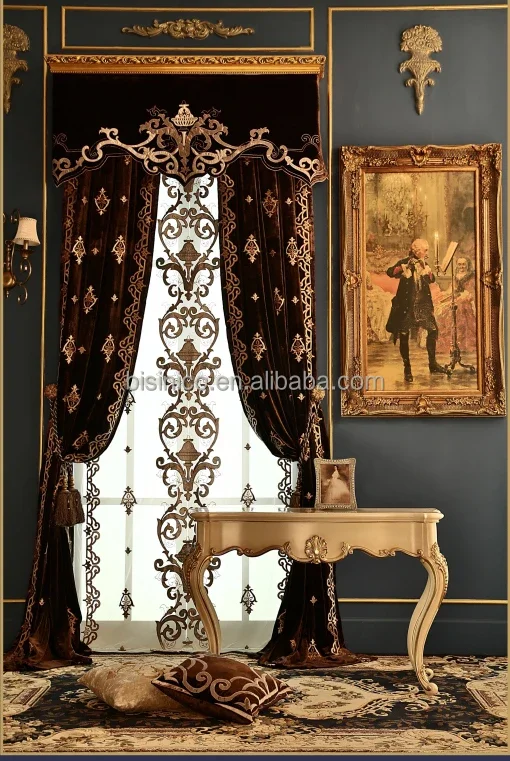 Latest Design Bronzing Blackout Valance Curtain, Antique Embroidery Finished Velvet Fabric Curtain