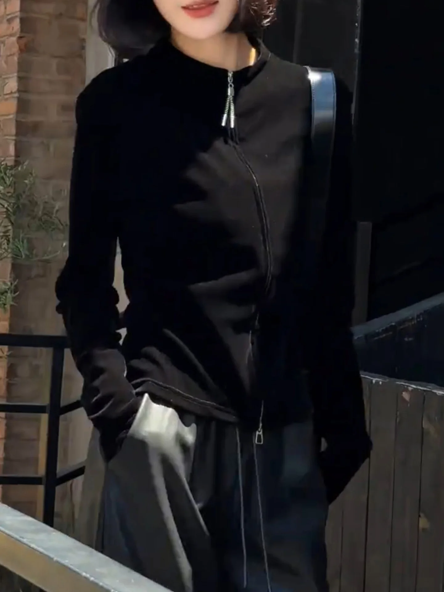 Velvet Jaet Double Zipper Long Sve Women's Base irt Slimming Sle Commute Faion Korean Version Autumn Season