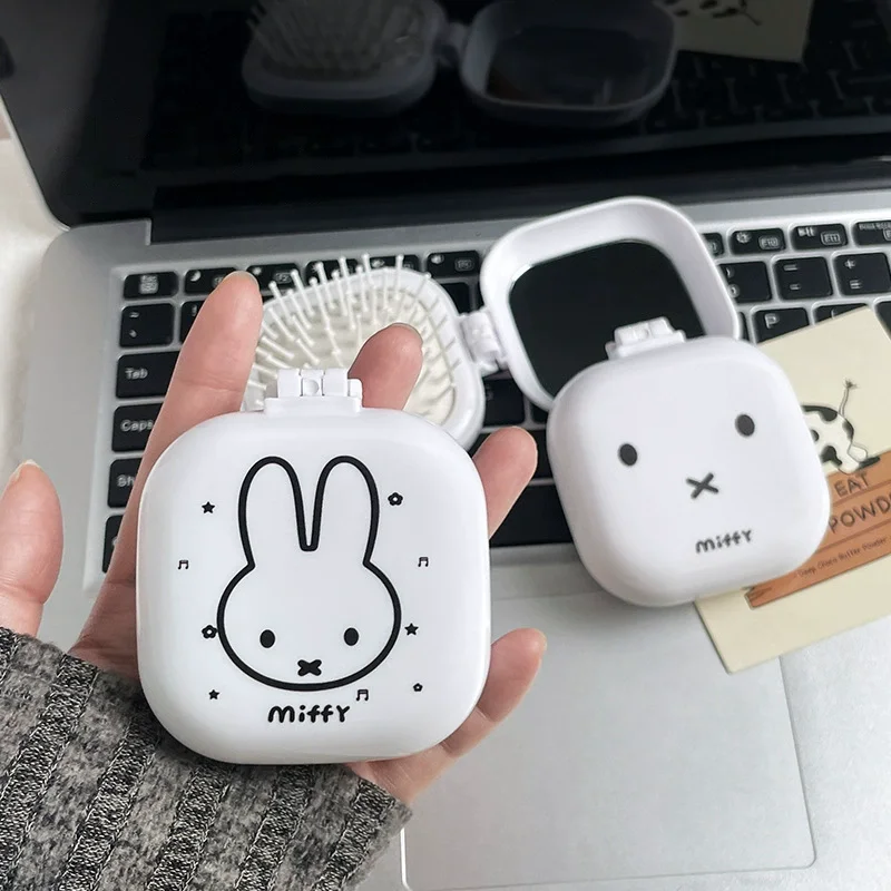 Cute Miffy Cartoon Rabbit Folding Air Cushion Comb With Mirror 2 in 1 Compact Pocket Comb Portable Student Travel Hair Tool Gift