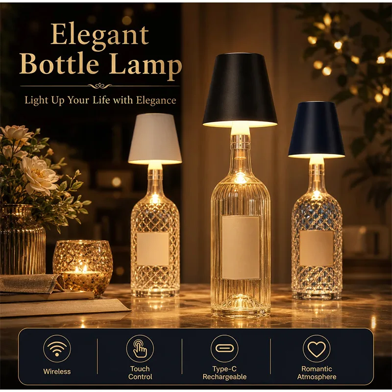 Rechargeable Wireless Wine Bottle Lamp RGB Color Changing LED Light Dimmable Touch Night Light for Bar Restaurant Home Decor