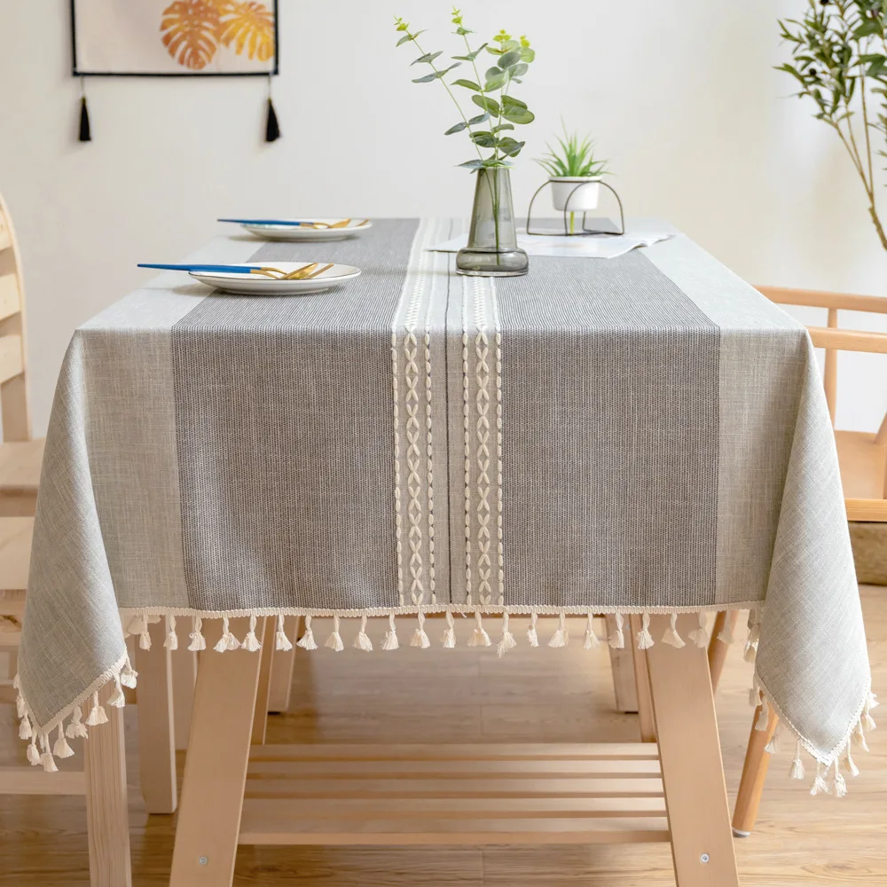 Grey Stripe Waterproof Tablecloth Cotton Linen Lace Tassel Dustproof Tables Cover Wear-Resistant Thicken Mat Wedding Decoration