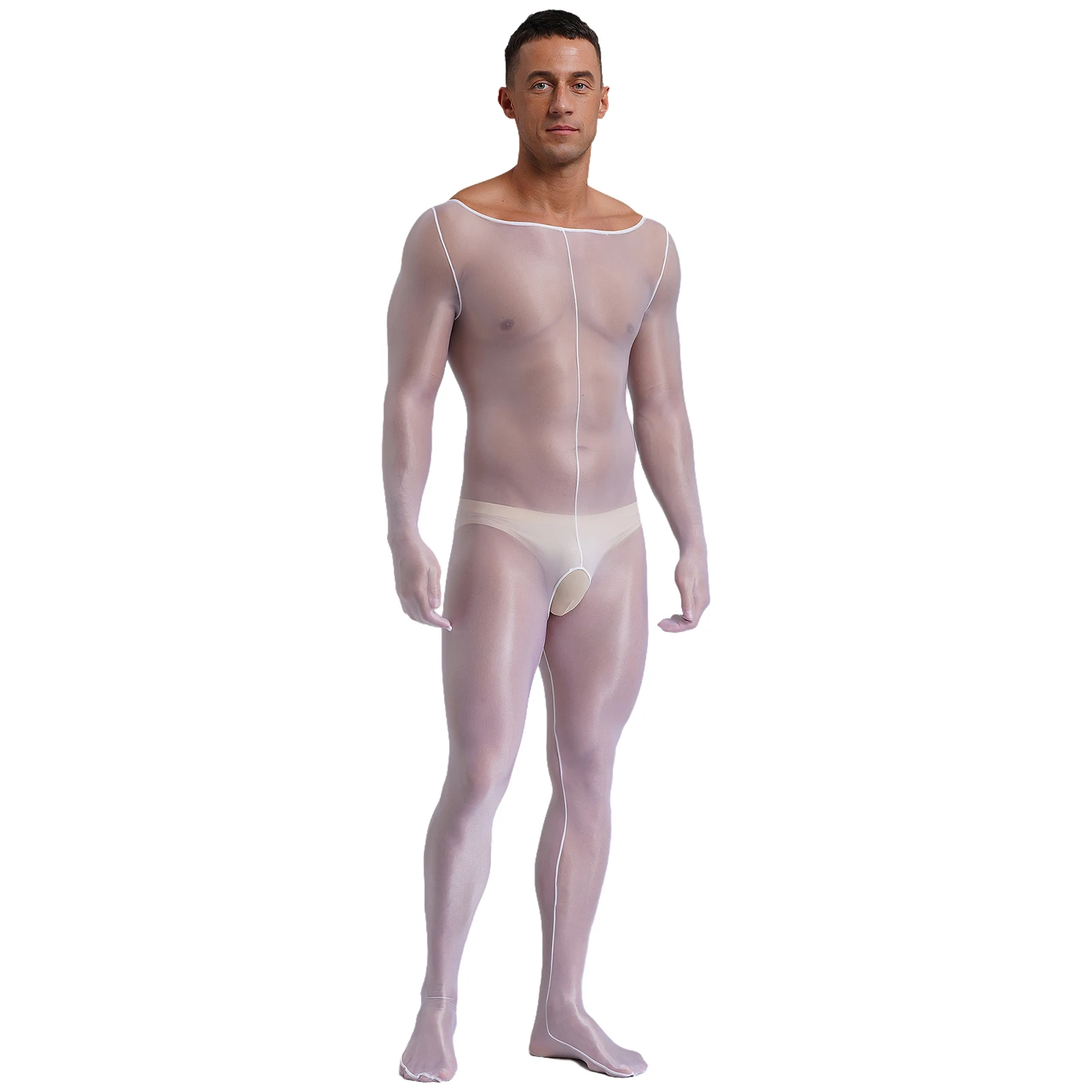 Men Stretchy Full Body Stocking Bodysuits Crotchless Footed Bodystockings Smooth Sheer Hooded Tights Leotard Jumpsuits Clubwear