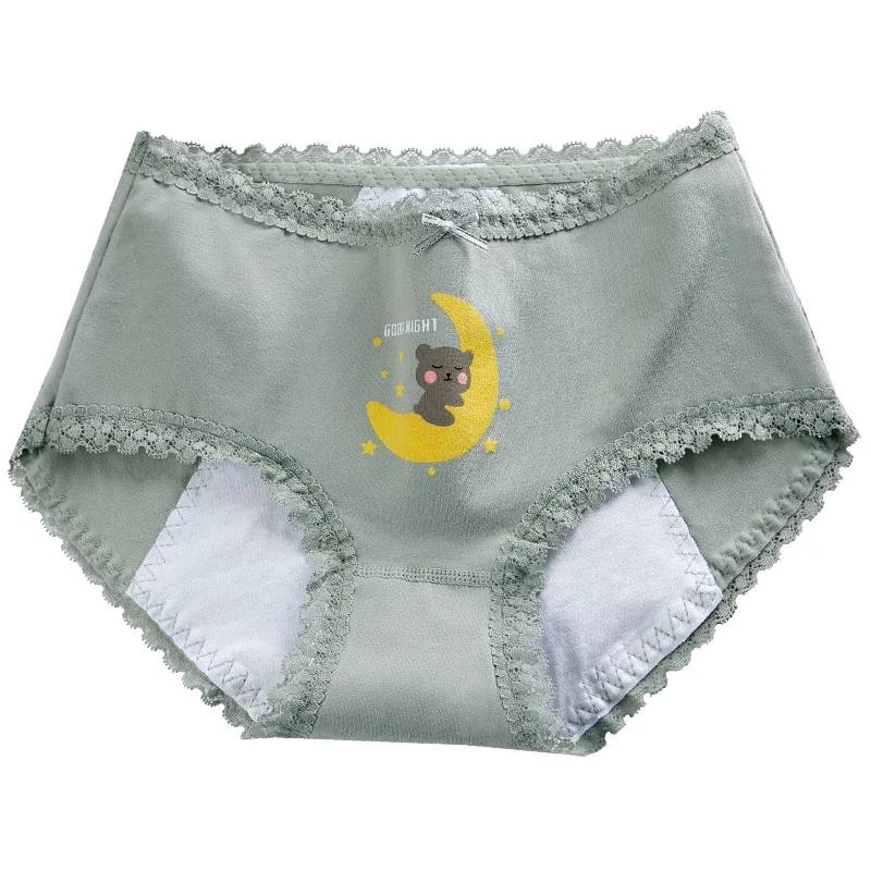 Pure Cotton Women's Physiological Underwear Mid-waist Printed Menstrual Anti-side Leakage Underwear Lace Edge Leak-proof Pants