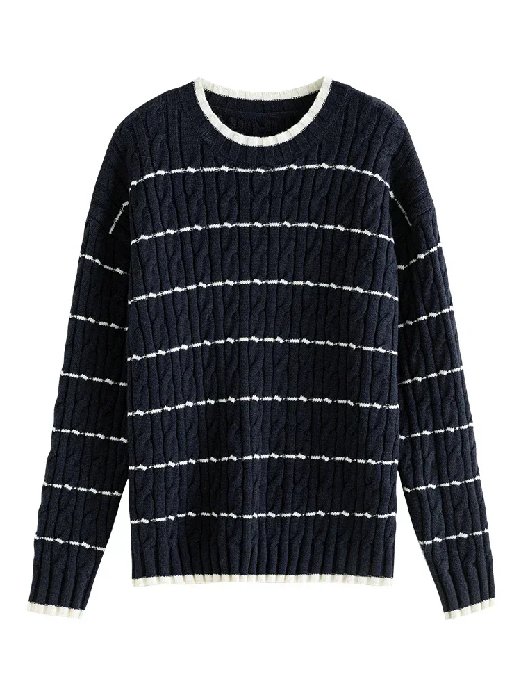 FSLE 9.5% Wool Women Round Neck Casual Commuter Stripe Pullover Cable Design Women Drop Sleeve Sweaters Winter Loose Tops