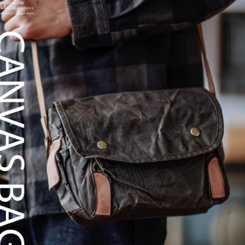 AETOO Retro oil wax waterproof canvas messenger bag, Amei Kaki distressed workwear single-shoulder bag, commuter crossbody bag image 2