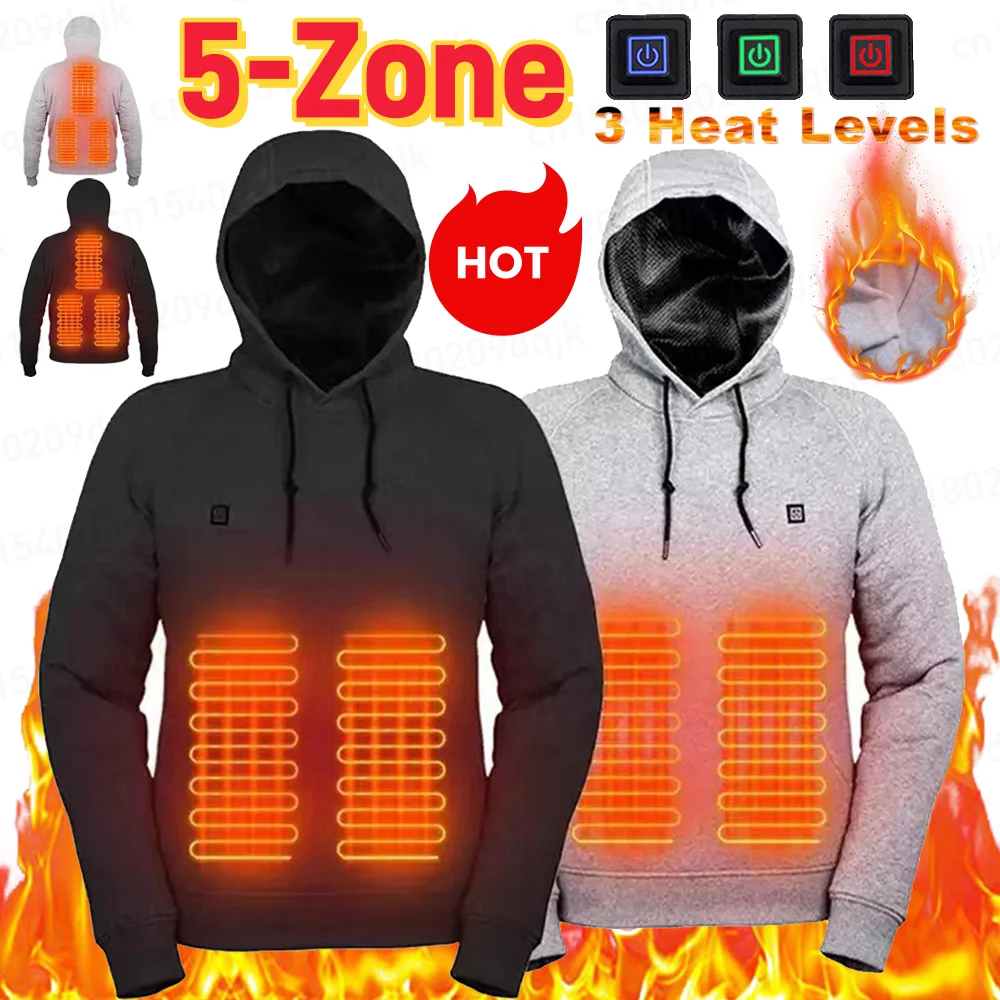 

Intelligent USB Heating Hoodie for Men Women Winter 5 Areas 3 Heat Levels Hooded Heated Clothes Outdoor Thermal Sportswear