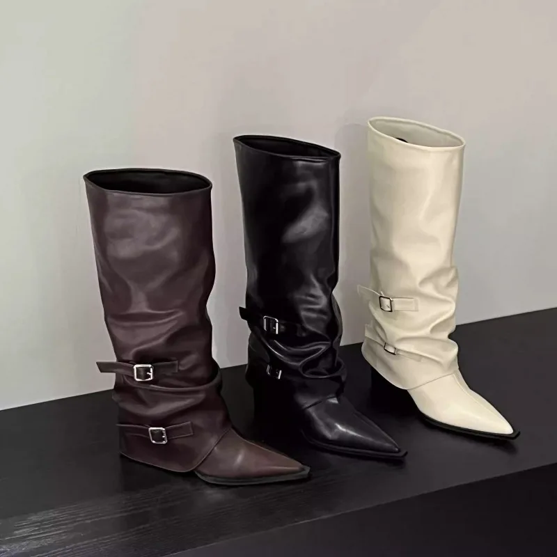

Women's Trend Boots 35-39 Yards New Pointed Toe Thick Heel Belt Buckle Fashion High Tube Pants Tube Boots Soft Surface Boots