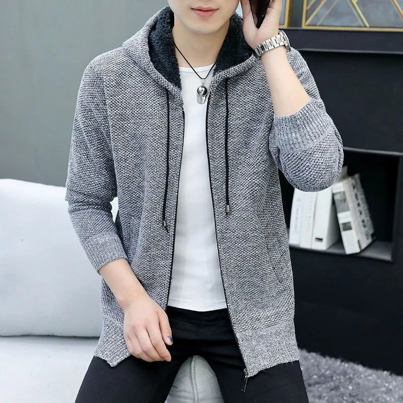 

Мужской новый стиль, осенне-зимний утолщенный вязаный свитер на флисовой подкладке с капюшоном на молнии, облегающий корейский модный свитер, куртка-кардиган