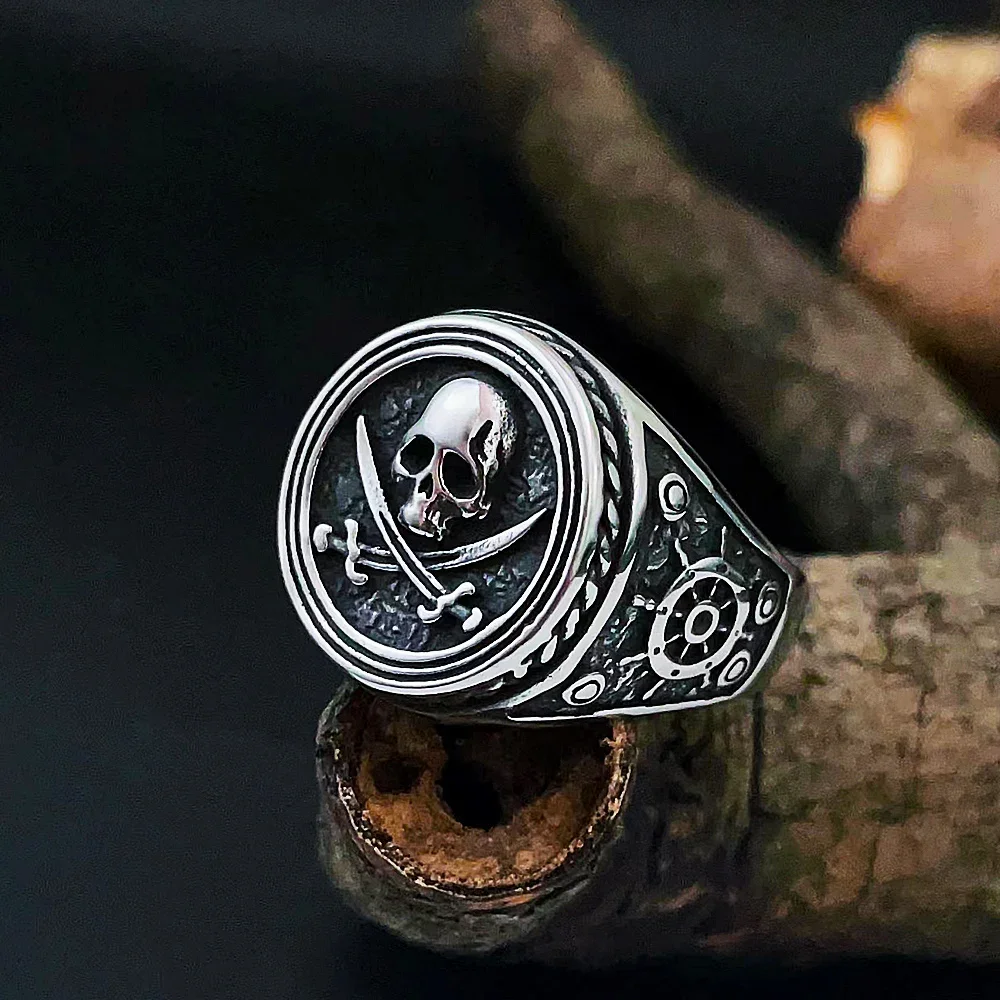 Viking Pirate Signet Double Knife Skull Rings for Men Stainless Steel Viking Ring Biker Amulet Vintage Jewelry Gift Dropshipping