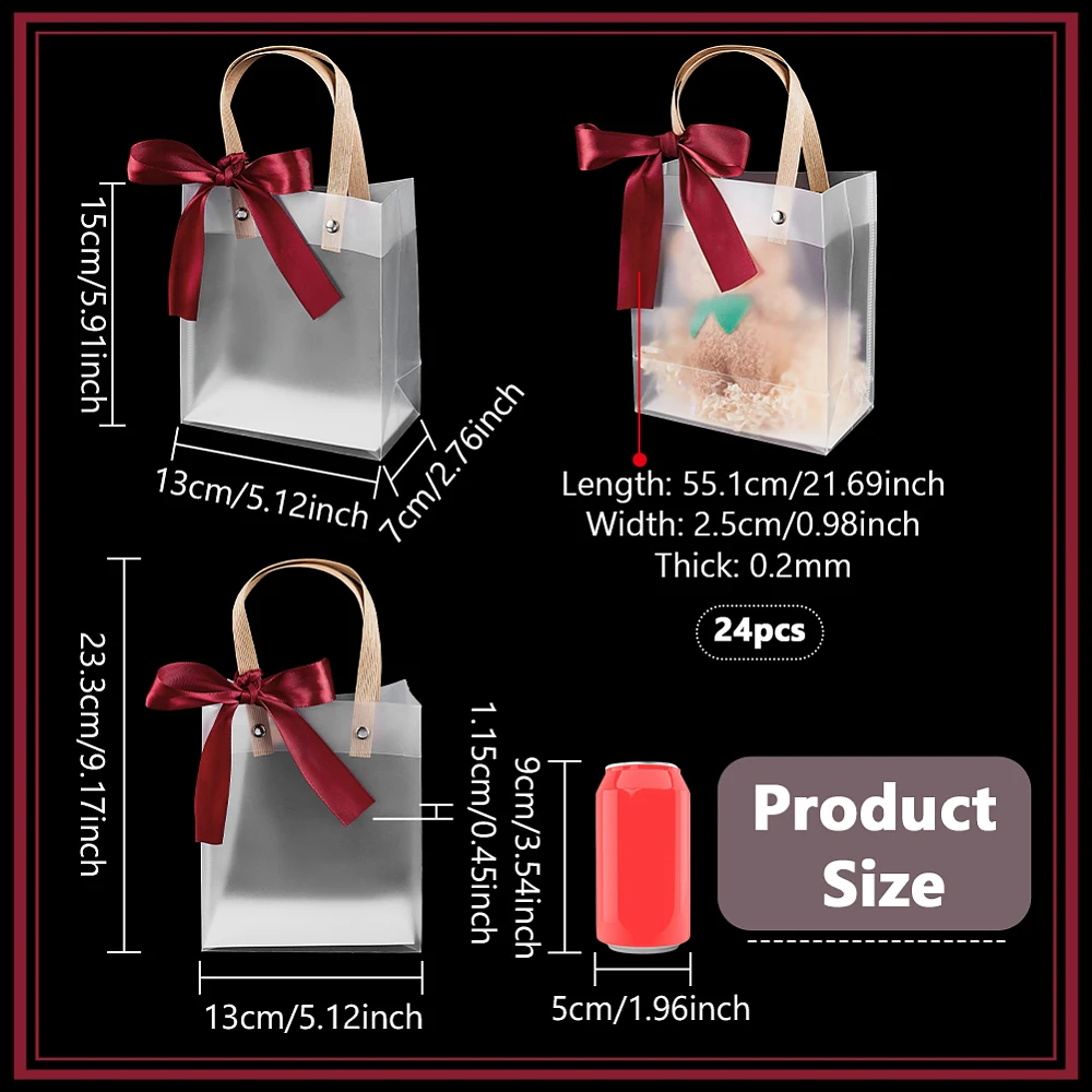 24 Pcs Clear Plastic Gift Bags with Handles 9.2x5.1x2.8inch Frosted Gift Bags with Dark Red Ribbon Party Favor Bags Reusable